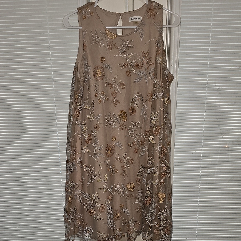 Calvin Klein Embroidered Mini Dress - Tan and Gold